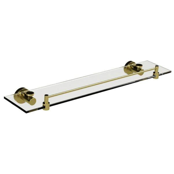 rectangular glass shelf with brushed brass front rail and circular wall mounts