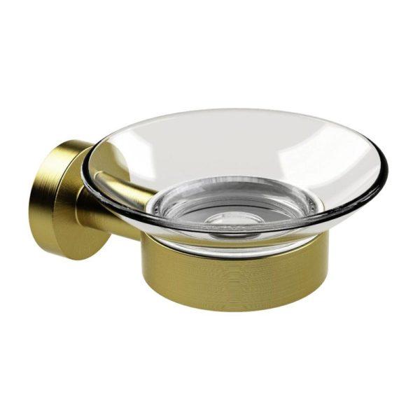brushed brass soap dish holder with circular wall mount and clear glass circular soap dish