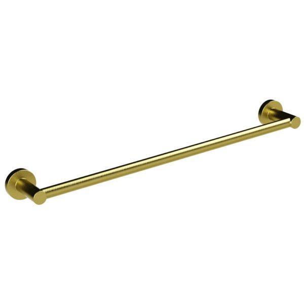 brushed brass straight towel rail with circular wall mount on each end
