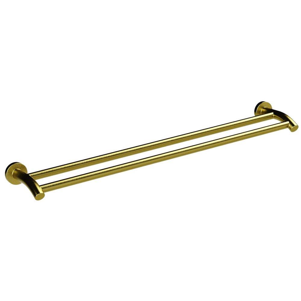 brushed brass straight double towel rail with circular wall mount on each end