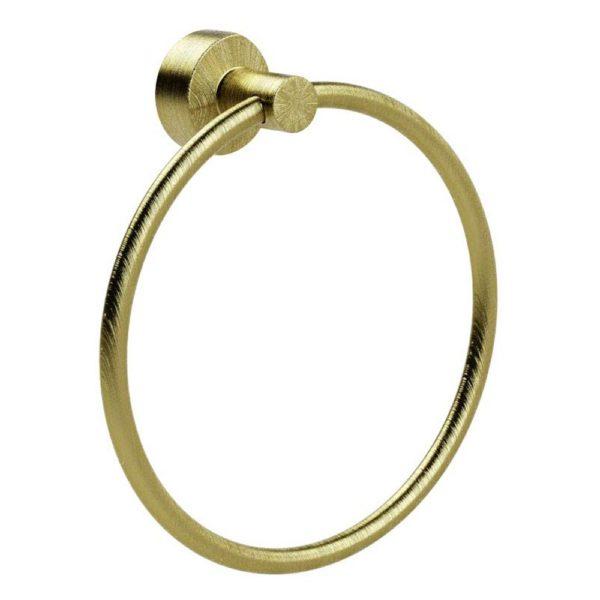 brushed brass circular shaped towel ring with circular wall mount on a white tiled wall