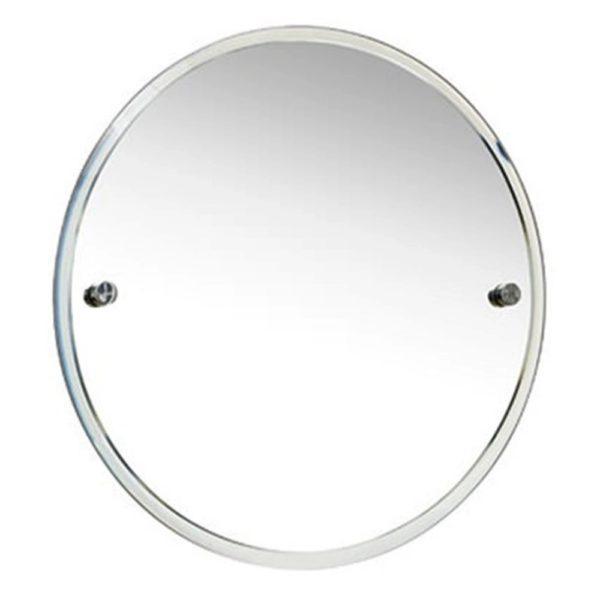 round bevelled mirror with 2 cchrome circles where the wall mounts are