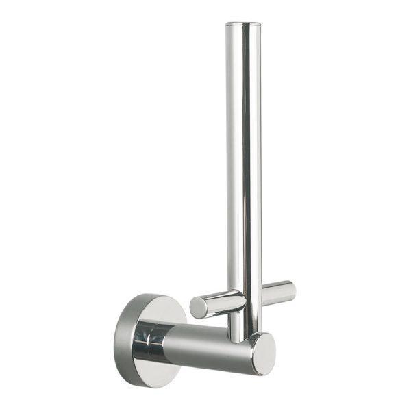chrome upright, wall mounted spare toilet roll holder with smal cross bart at base. the wall mount is circular in shape.
