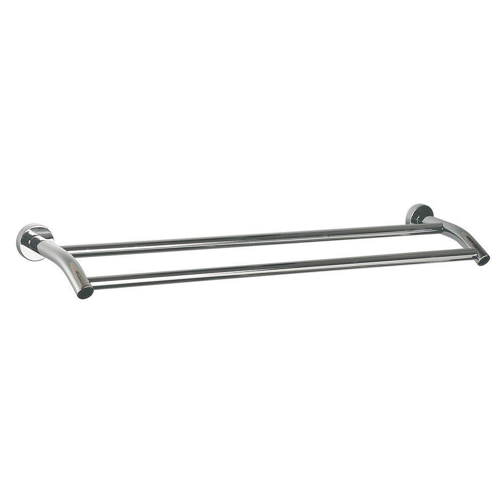 chrome straight double towel rail with circular wall mount on each end