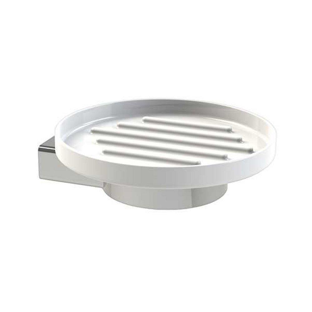chrome soap dish holder holding white round ceramic soap dish