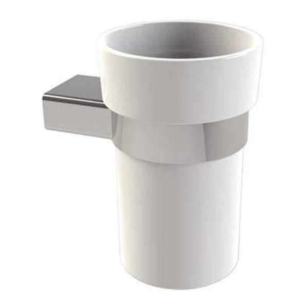 chrome tumbler holder with white ceramic tumbler from the top hald
