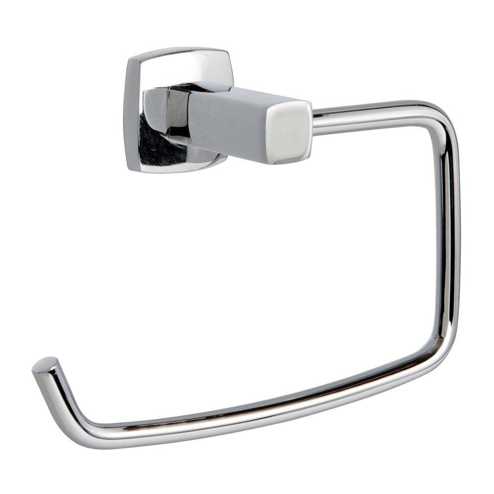 chrome toilet roll holder in a rounded square hook shape and a square wall mount