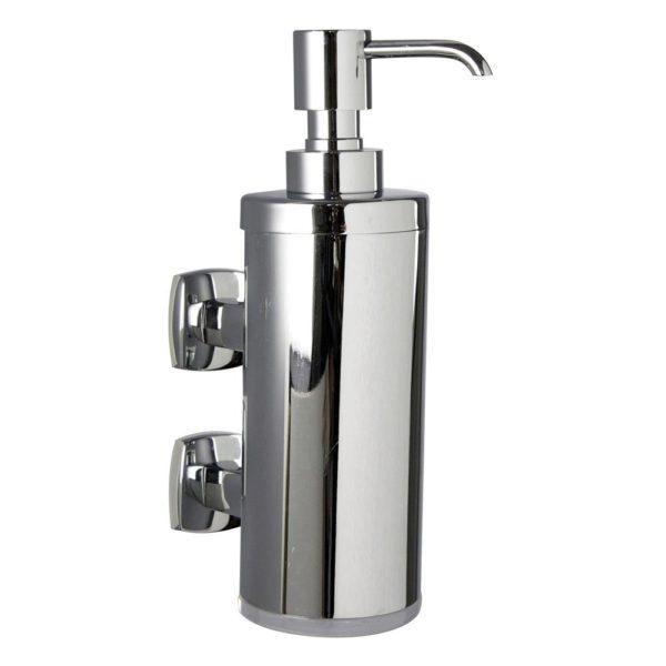 chrome wall mounted cylindrical shaped soap dispenser with 2 square wall mounts