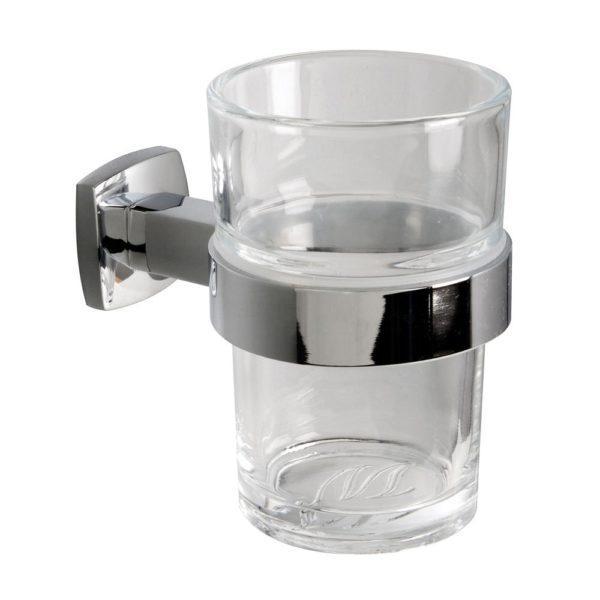 chrome tumbler holder with square wall mount holding a clear glass tumbler from the top half
