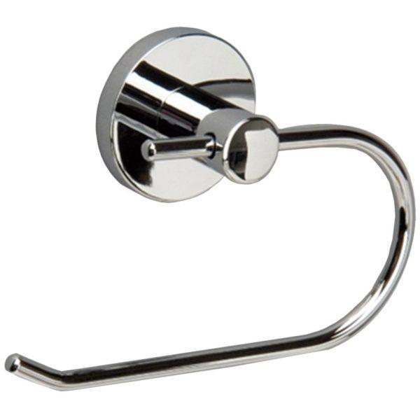 chrome toilet roll holder in a rounded hook shape and a circular wall mount