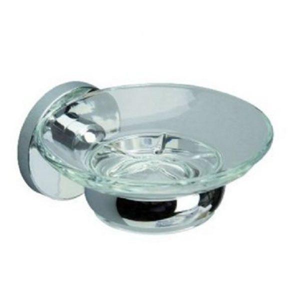 chrome soap dish holder with circular wall mount and clear glass circular soap dish