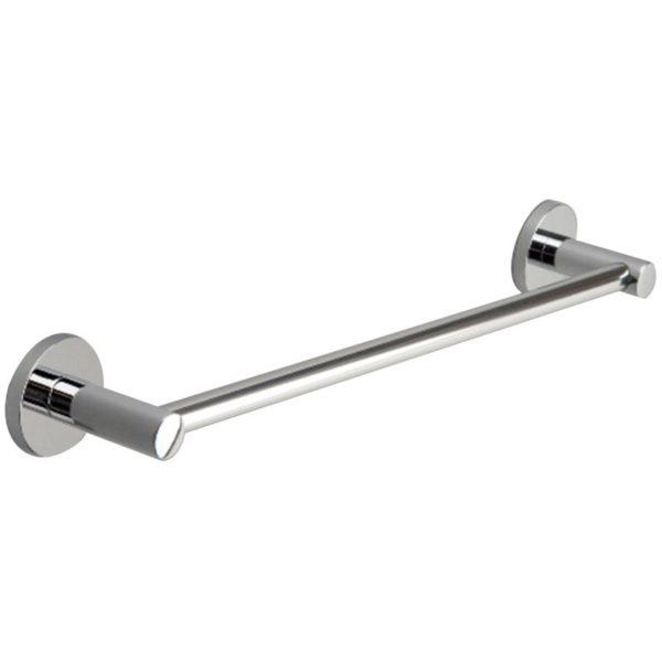 chrome straight towel rail with circular wall mount on each end