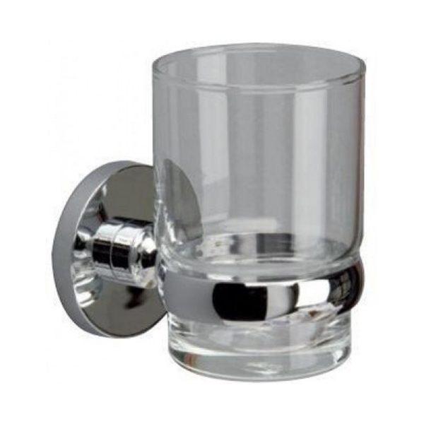 chrome tumbler holder with circular wall mount holding a clear glass tumbler from the base