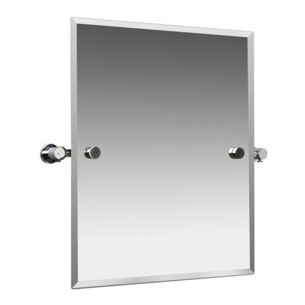 rectangular mirror with bevelled edge and chrome swivel hinge mounts on each vertical side