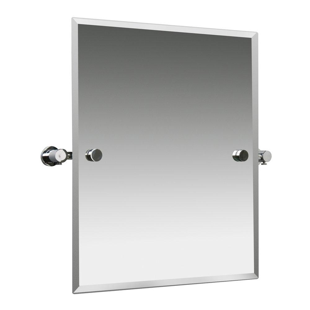 rectangular mirror with bevelled edge and chrome swivel hinge mounts on each vertical side