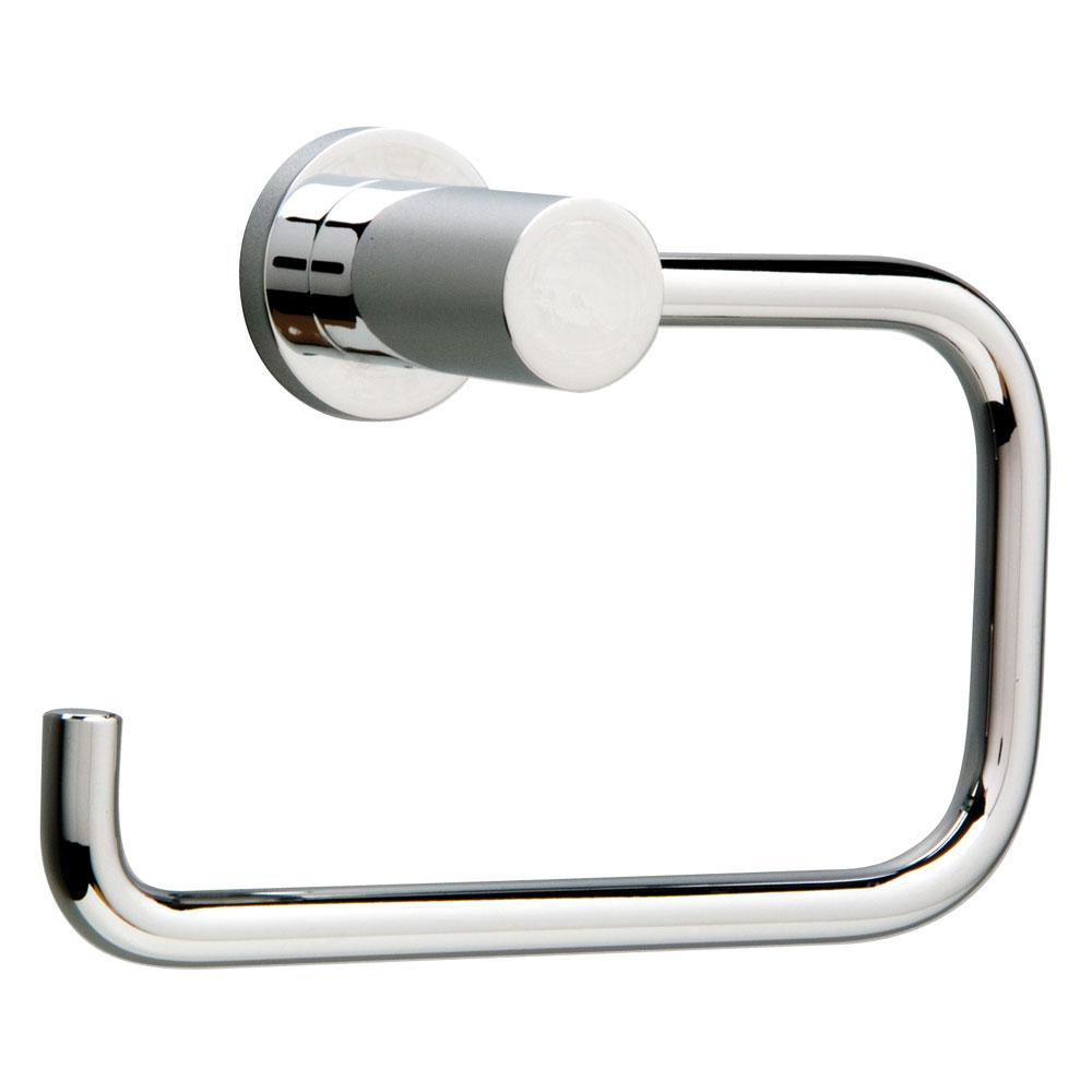 chrome toilet roll holder in a rounded square hook shape and a circular wall mount
