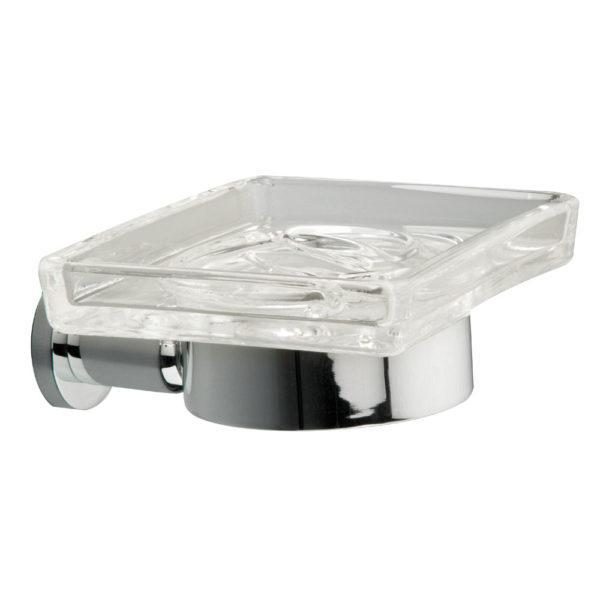 glass square soap dish on a chrome wall mounted holder with round wall mount