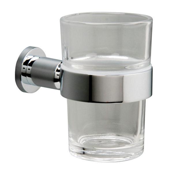 chrome tumbler holder with circular wall mount holding a clear glass tumbler from the middle