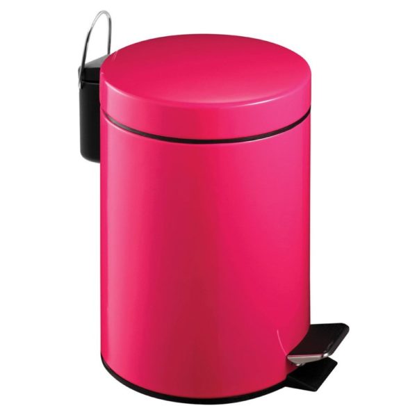 bright pink round pedal waste bin with small black bedal and a chrome and black handle at the top
