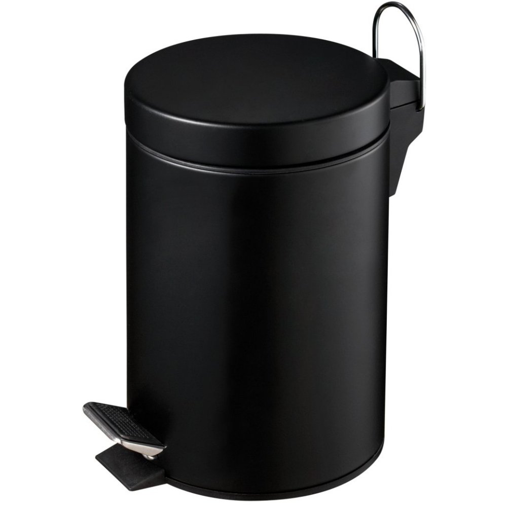 black round pedal waste bin with small black bedal and a chrome and black handle at the top