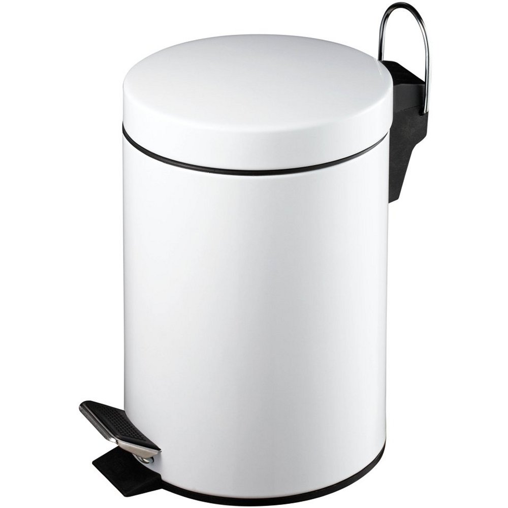 white round pedal waste bin with small black bedal and a chrome and black handle at the top
