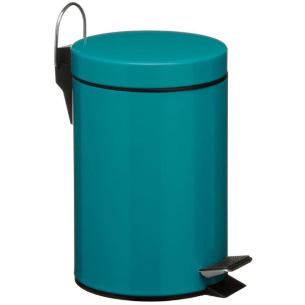 turquoise round pedal waste bin with small black bedal and a chrome and black handle at the top