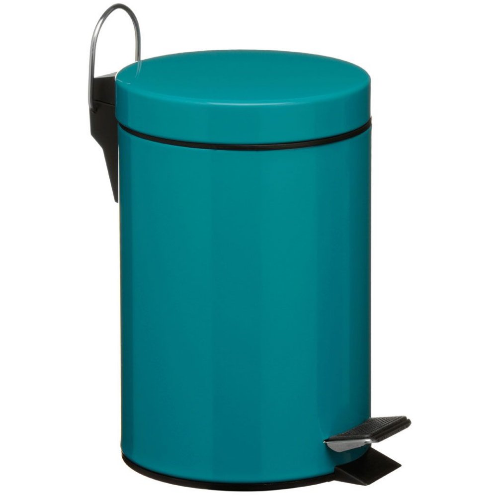 turquoise round pedal waste bin with small black bedal and a chrome and black handle at the top