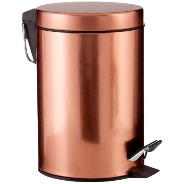rose gold round peal waste bin with small black bedal and a chrome and black handle at the top