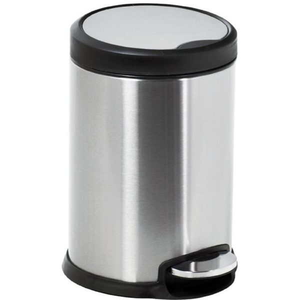 chrome and black round pedal waste bin with chrome and black pedal