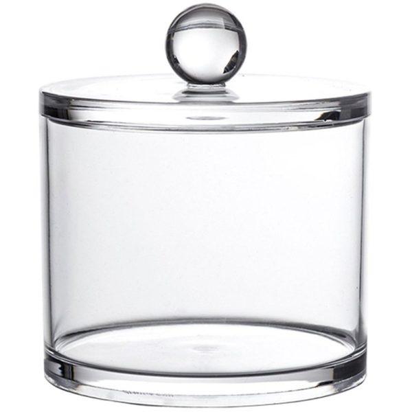 round transparent acrylic plastic storage jar with straight edges and flat lid with a ball shaped handle