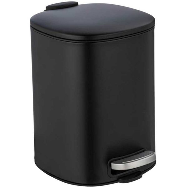 black rectangular pedal bin with soft rounded corners and edges the pedal is a polished steel
