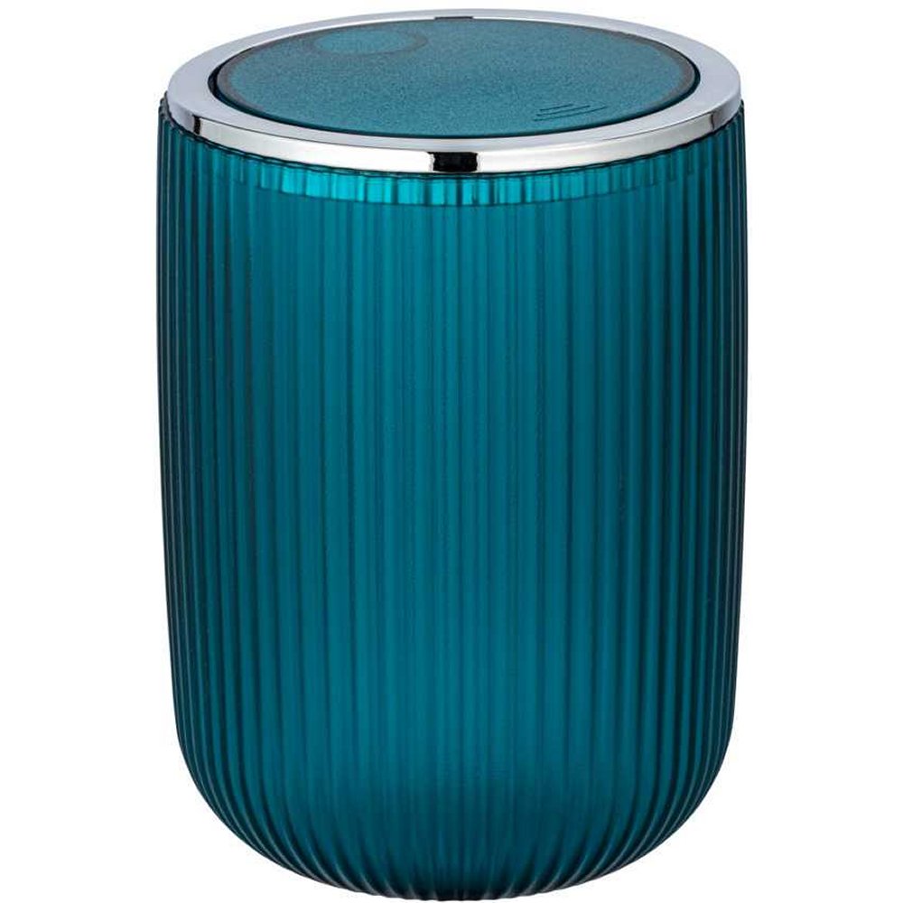 petrol blue, round translucent plastic swing top bin with ribbed texture and chrome effect plastic ring around the lid on top
