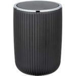 grey, round translucent plastic swing top bin with ribbed texture and chrome effect plastic ring around the lid on top