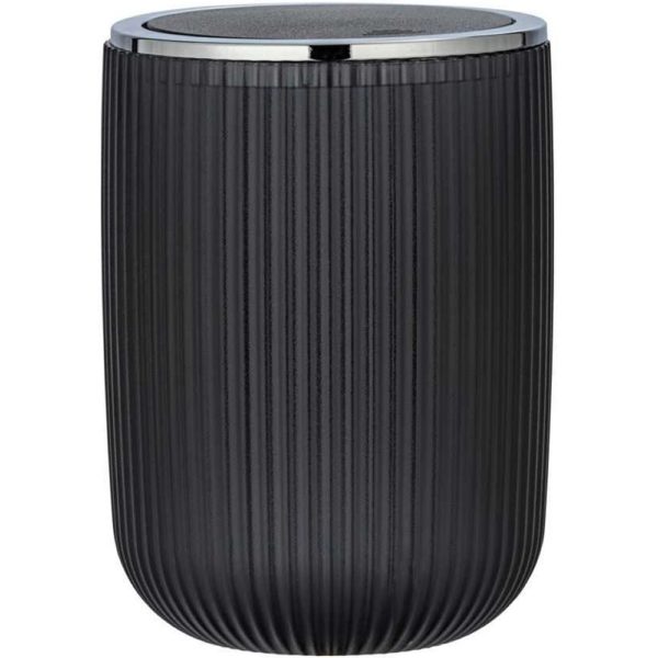 grey, round translucent plastic swing top bin with ribbed texture and chrome effect plastic ring around the lid on top