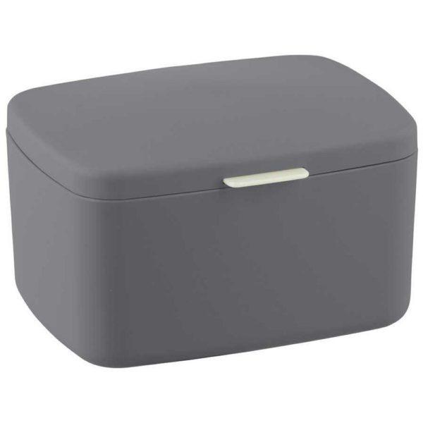anthracite grey plastic storage box with lid. the box is rectangular in shape with soft curved corners and edges, it has a small chrome coloured rectangular handle on the lid at the front