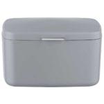 grey plastic storage box with lid. the box is rectangular in shape with soft curved corners and edges, it has a small chrome coloured rectangular handle on the lid at the front