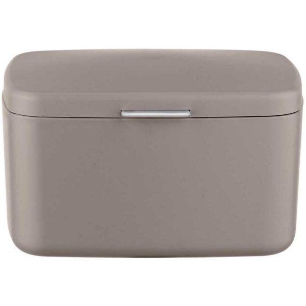 taupe plastic storage box with lid. the box is rectangular in shape with soft curved corners and edges, it has a small chrome coloured rectangular handle on the lid at the front