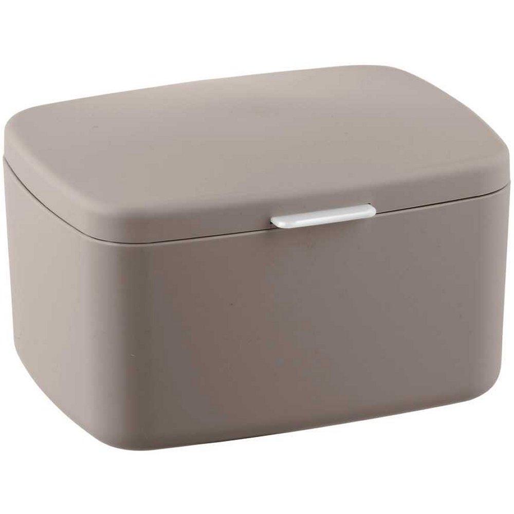 taupe plastic storage box with lid. the box is rectangular in shape with soft curved corners and edges, it has a small chrome coloured rectangular handle on the lid at the front