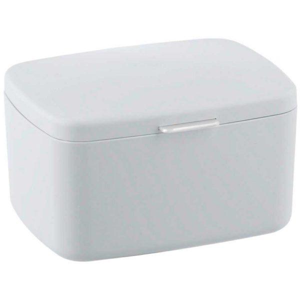 white plastic storage box with lid. the box is rectangular in shape with soft curved corners and edges, it has a small chrome coloured rectangular handle on the lid at the front