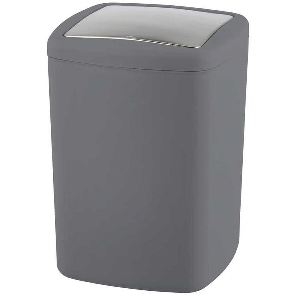 anthracite grey, rounded square plastic bin with a chrome effect wing lid on top