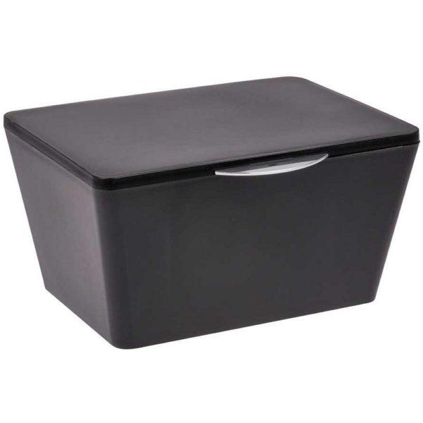 black plastic storage box with lid. the box is a tapered rectangle that is smaller at the bottom, it has a small chrome coloured rounded rectangular handle on the lid at the front