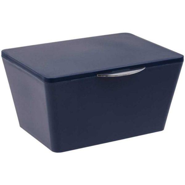 dark blue plastic storage box with lid. the box is a tapered rectangle that is smaller at the bottom, it has a small chrome coloured rounded rectangular handle on the lid at the front