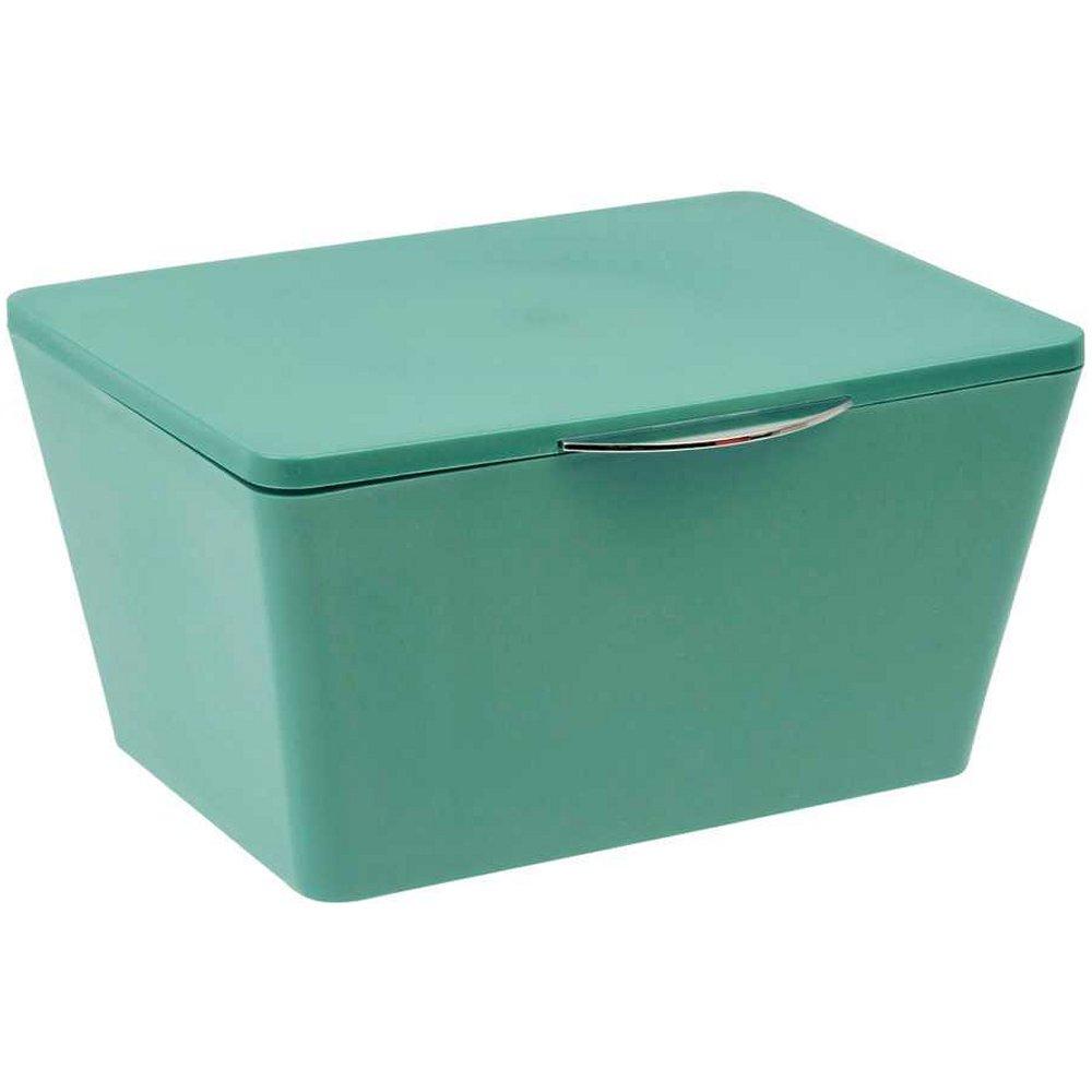 green plastic storage box with lid. the box is a tapered rectangle that is smaller at the bottom, it has a small chrome coloured rounded rectangular handle on the lid at the front