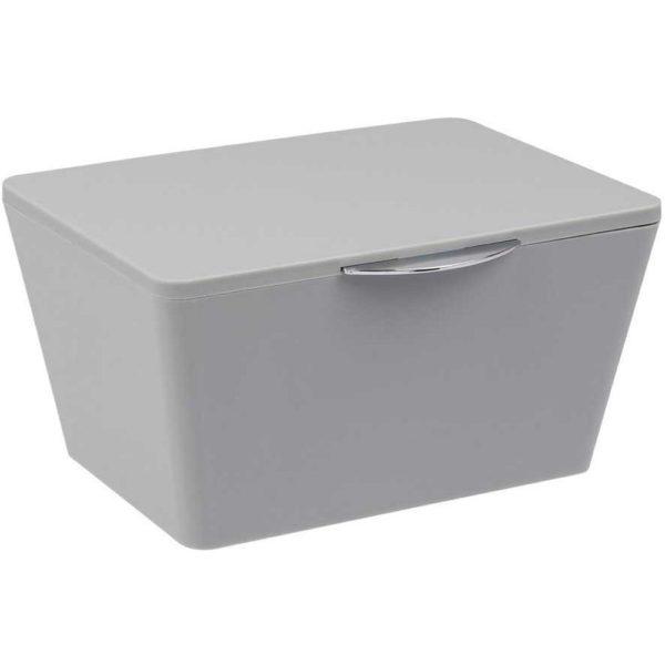grey plastic storage box with lid. the box is a tapered rectangle that is smaller at the bottom, it has a small chrome coloured rounded rectangular handle on the lid at the front
