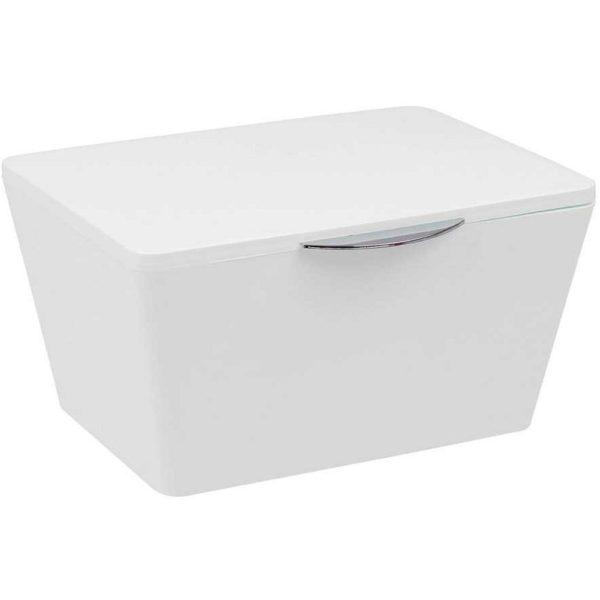 white plastic storage box with lid. the box is a tapered rectangle that is smaller at the bottom, it has a small chrome coloured rounded rectangular handle on the lid at the front