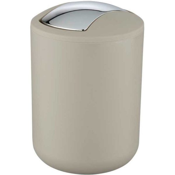taupe rounded plastic swing lidded bin with rounded top and a chrome, curved rectangular swing lid