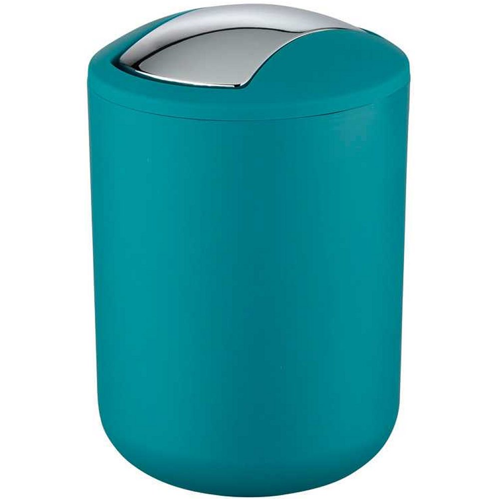 petrol blue rounded plastic swing lidded bin with rounded top and a chrome, curved rectangular swing lid