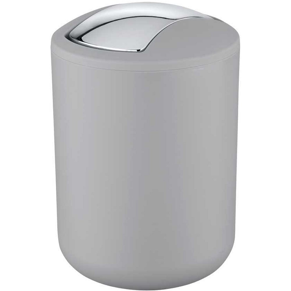 grey rounded plastic swing lidded bin with rounded top and a chrome, curved rectangular swing lid