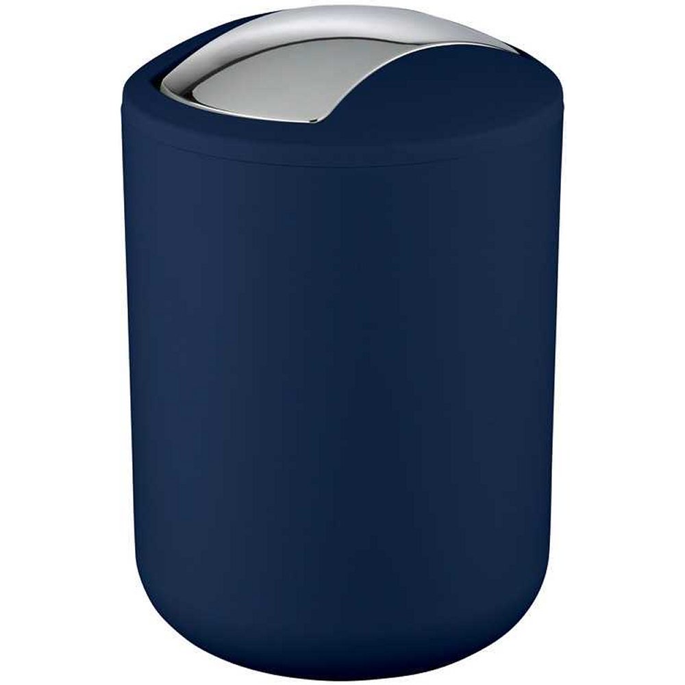 dark blue rounded plastic swing lidded bin with rounded top and a chrome, curved rectangular swing lid