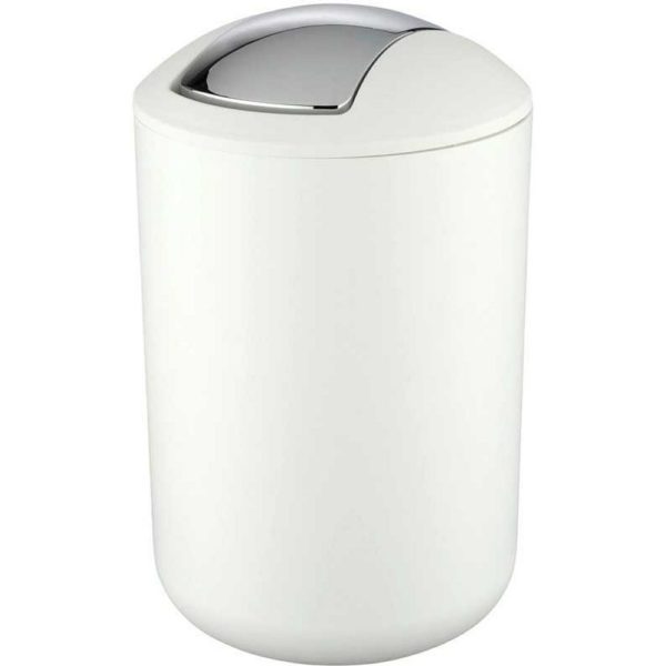 white rounded plastic swing lidded bin with rounded top and a chrome, curved rectangular swing lid